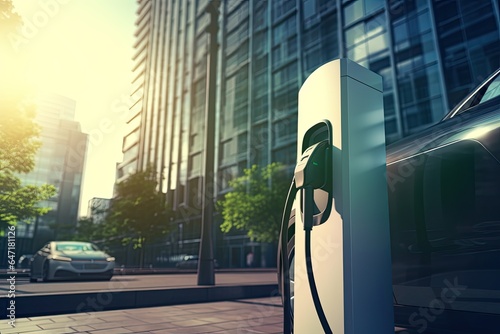 Fast electric vehicle chargers for charging car on the city street. Eco-friendly sustainable energy concept. A bank of electric car chargers.