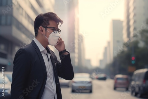 Business man wearing a mask and coughing on the street. Protection against air pollution and dust particles exceeds safety limits.PM2.5 unhealthy air pollution dust smoke in the city, Generative AI photo