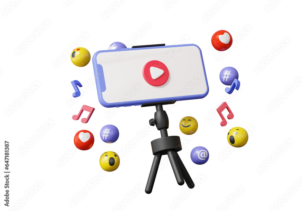 Social media mobile phone tripod live streaming multimedia media emoji vlog creative content video on smartphone. passive income concept. make money, isolated, 3d render illustration Social media mobile phone tripod live streaming multimedia media emoji vlog creative content video on smartphone. passive income concept. make money, isolated, 3d render illustration