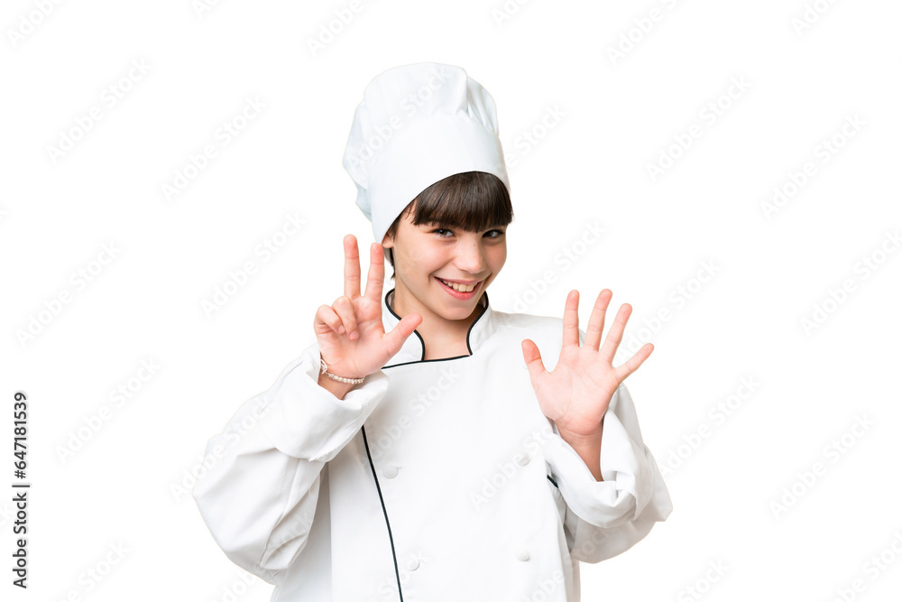 Little caucasian chef girl over isolated background counting eight with fingers Little caucasian chef girl over isolated background counting eight with fingers