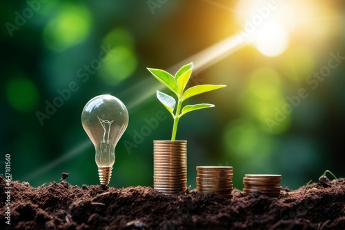 The light bulb is located on the soil. and plants grow on stacked coins Renewable energy generation is essential for the future and Renewable energy, green businesses can enable business,Generative AI