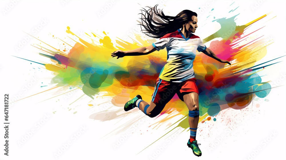 A female soccer player in full action against a vibrant backdrop.
