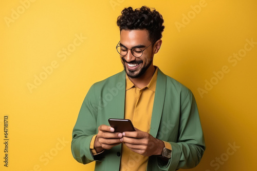 Young man using smartphone and smiling