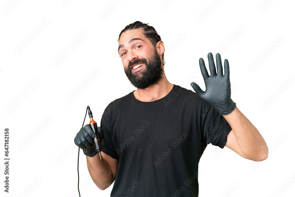 Tattoo artist caucasian man over isolated chroma key background saluting with hand with happy expression Tattoo artist caucasian man over isolated chroma key background saluting with hand with happy expression