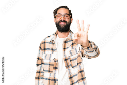 Young man with beard over isolated chroma key background happy and counting three with fingers