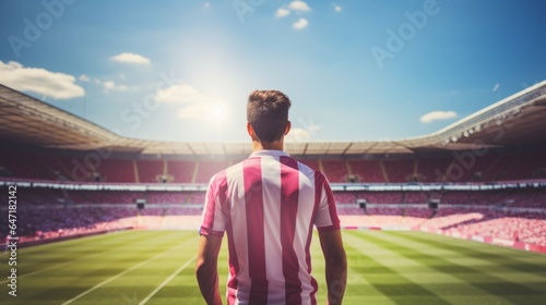 Soccer player in stripped pink uniform. Generative AI technology.