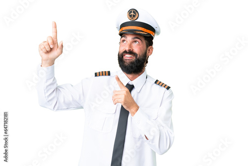 Airplane caucasian pilot man over isolated chroma key background pointing with the index finger a great idea