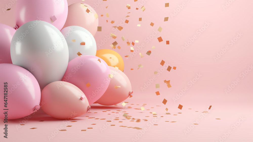 Bright colorful balloons with confetti for party celebration on pastel background with copy space