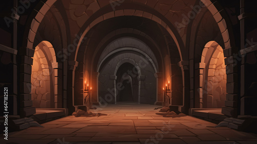 Dark Dungeon. Long medieval castle corridor with tor © Salman