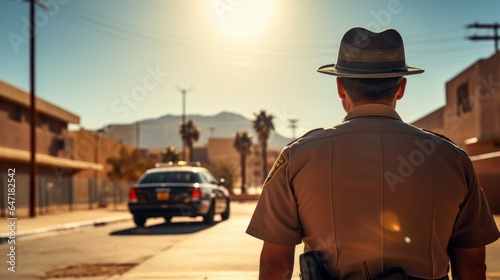 Police officer at desert city street. Generative AI technology.  © Hero Design