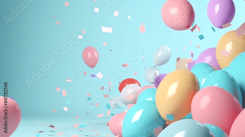 Bright colorful balloons with confetti for party celebration on pastel background with copy space