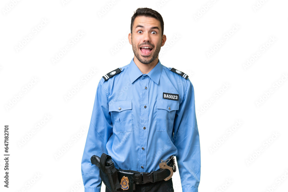 Young police caucasian man over isolated background with surprise facial expression