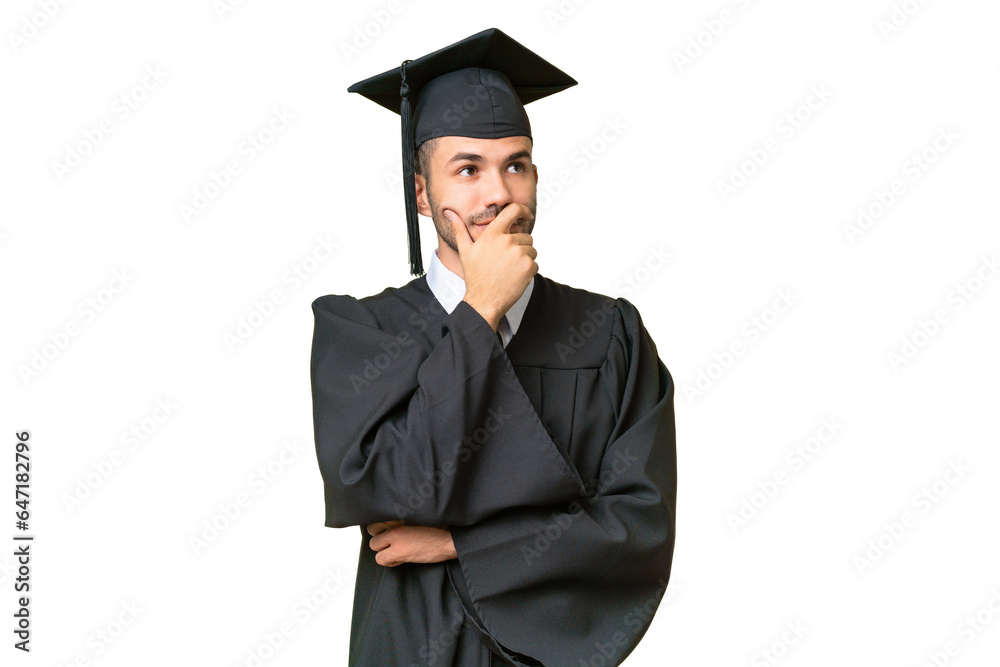 Young university graduate man over isolated background having doubts and with confuse face expression Young university graduate man over isolated background having doubts and with confuse face expression
