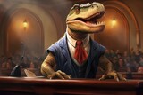 A t-rex dino as a judge or prosecutor in a courtroom. Imaginary photorealistic image.