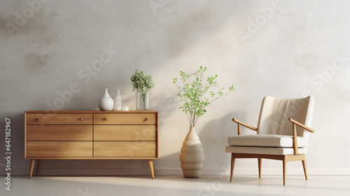 Interior of minimal living room with wooden chair, chest of drawers and vase with flowers near the wall, extremely modern and minimalistic style, white house, moody, window light, Generative AI. © Sunshinemeee