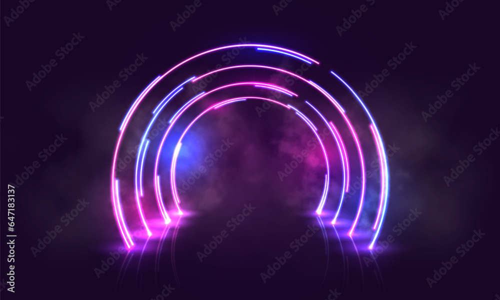 Obraz premium Scene for presentation with neon lighting and smoke. Vector illustration.