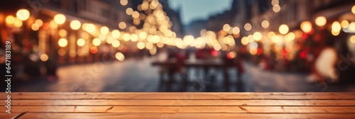Empty table and blur Christmas market bokeh lights background, template