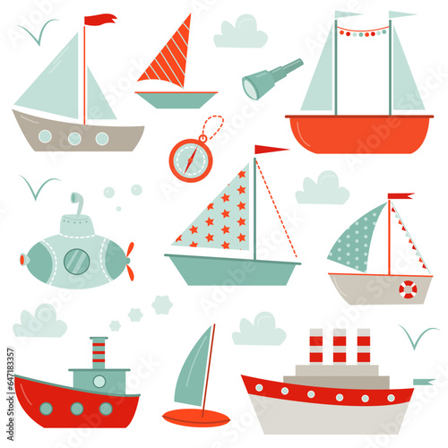vector set with cute cartoon marine transport  and ships 