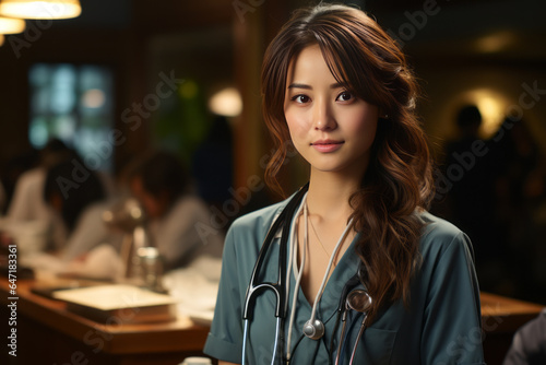 Close-up shot of a female doctor with a stethoscope in a doctor's office, Generative AI 