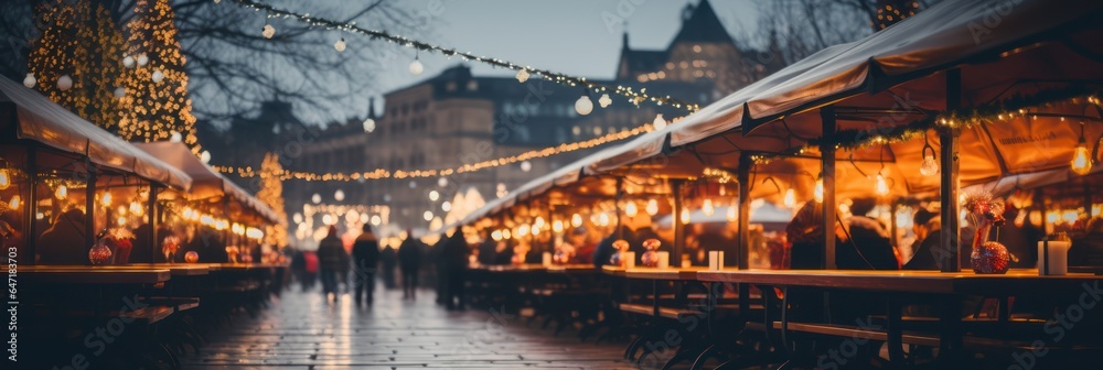 Christmas market bokeh lights background, Winter season holiday celebration