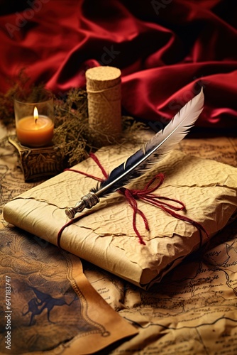 A feather quill writing a heartfelt letter on parchment, placed next to a gift wrapped in old maps, symbolizing the gift of communication and travel