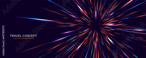 Portal with light effects. Neon futuristic tunnel. Abstract visualization of teleportation. Galactic background. Speed concept. Vector illustration.