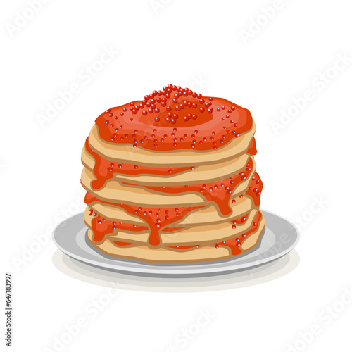 Pancakes with caviar on a gray plate with a shadow on a white background