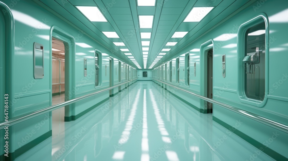 Naklejka premium A long hallway with green walls and white floors. Fictional image.