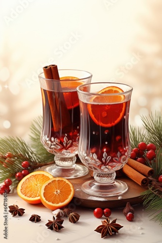 Two glasses of mulled vine or tea with orange slices, cinnamon, and star anise. Fictional image.