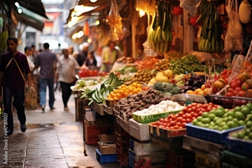 Traditional bazaar. variety of fresh fruits, busy marketplace, local vendors.