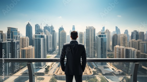 Businessman with metropolitan city view. Generative AI technology.