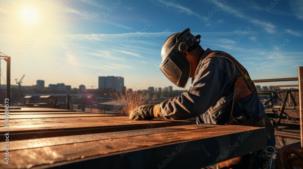 Fototapeta premium Welder welding steel pole. Generative AI technology.