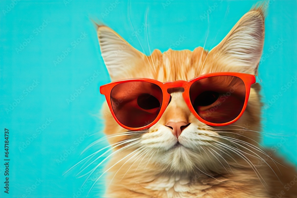 Stylish red kitten with eyeglasses against blue background. Animal, cute, pet, travel, eyeglasses, wildlife, young, trendy.