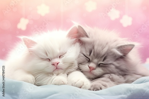 Cozy pink bed with two cute cats cuddling, lovable scene.