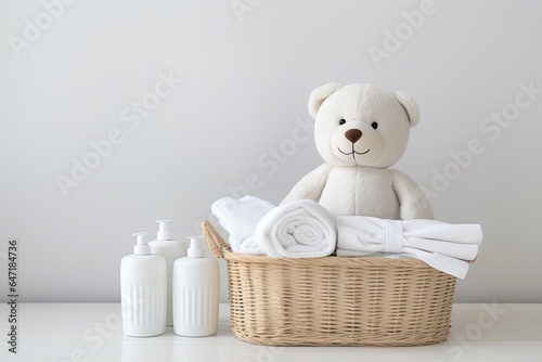 Basket filled with freshly laundered white baby clothes, cute bunny toy, bottle of liquid detergent, and fabric softener.