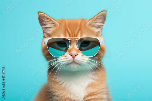 Playful kitten wearing sunglasses on blue background. Animal, cat, cute portrait, fashion, eyeglasses