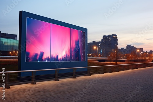 Vibrant pink neon ad billboard in urban setting. Advertising space, trendy design, and commercial appeal for business promotion.