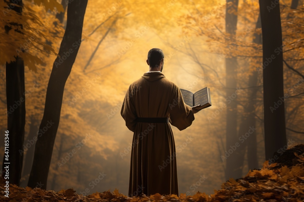 A priest standing in contemplation amidst a forest of autumn leaves, Bible in hand, soaking in the serenity of nature - obrazy, fototapety, plakaty 
