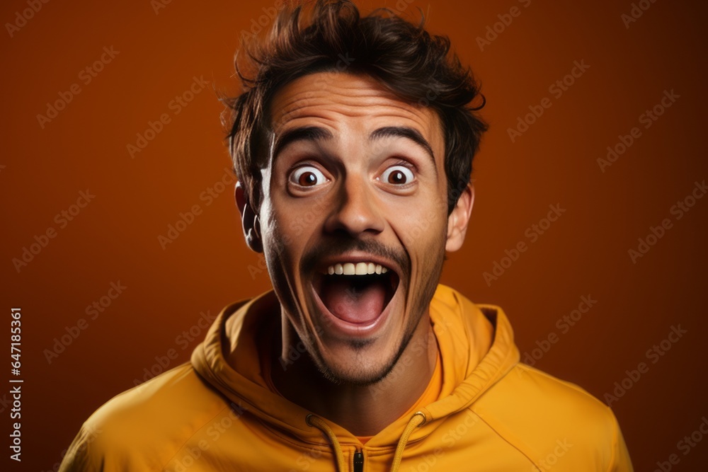 Excited person with a surprised expression on an orange background, Generative AI 