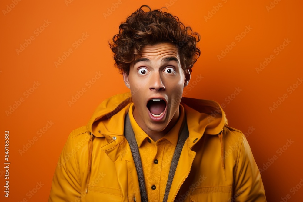 Excited person with a surprised expression on an orange background ...