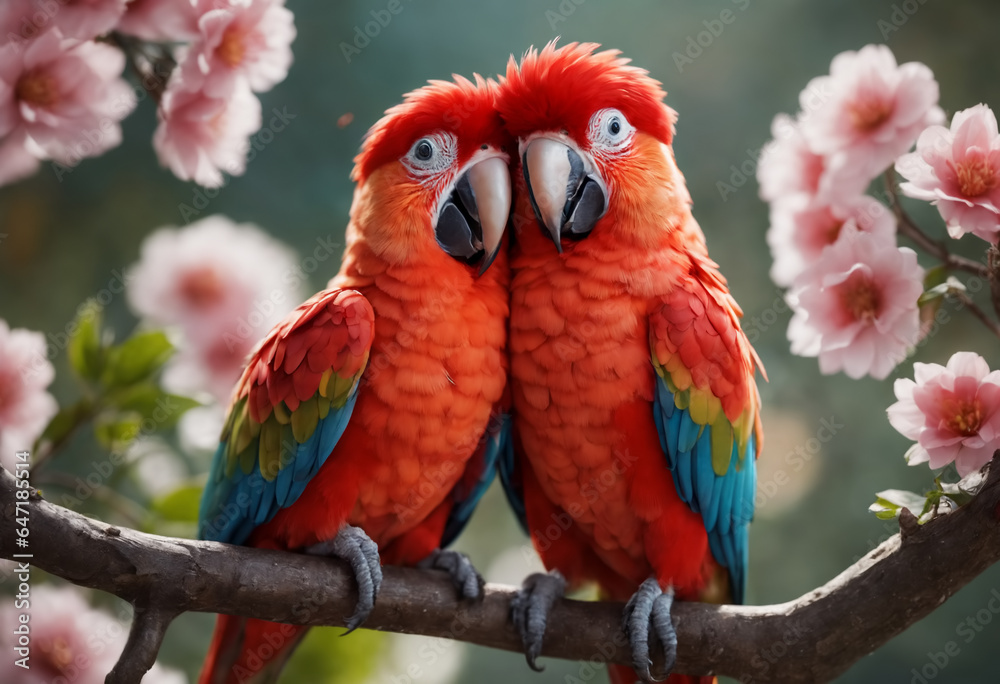 Couple of romantic red macaw parrots on branch. Generative AI