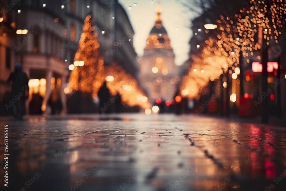 Amidst the bustling cityscape, a mesmerizing, blurred street comes to life at night, adorned with enchanting golden lights that create a captivating bokeh effect.