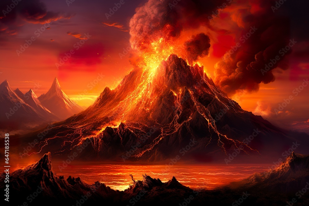 Witness the stunning hand-drawn illustration of a catastrophic volcanic eruption in vibrant red, showcasing the raw power of nature's fury