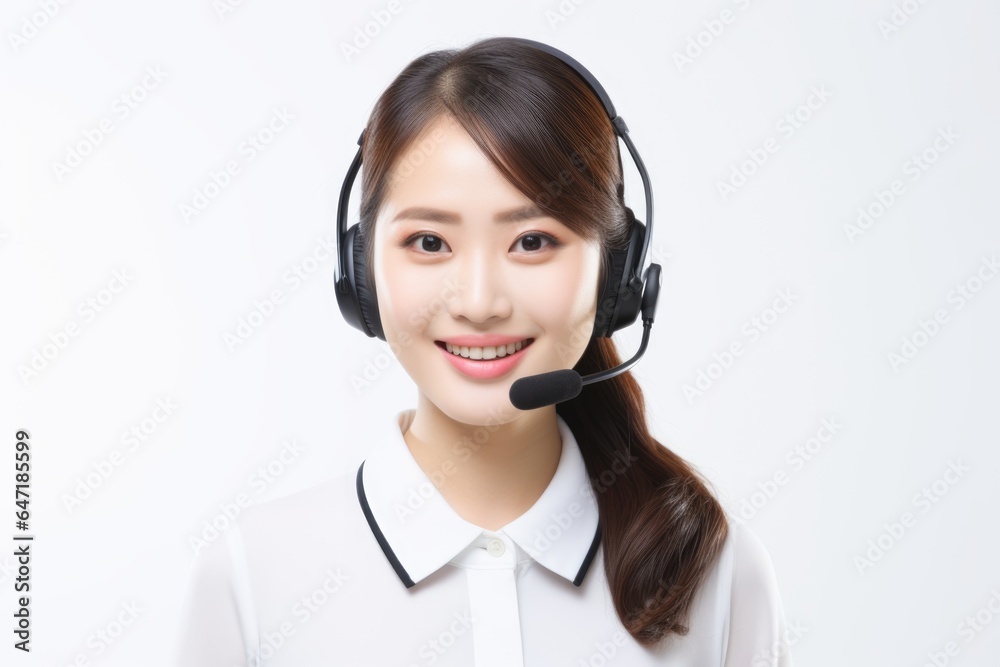 An Asian woman wearing a headset with a smile on her face. Imaginary photorealistic image. Call center operator. An Asian woman wearing a headset with a smile on her face. Imaginary photorealistic image. Call center operator.