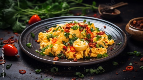 food photography Mexican style scrambled eggs, 16:9, copy space, concept: mexican food