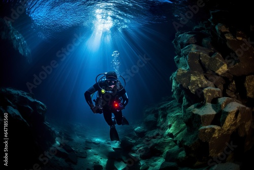 In the depths of the sea  a fearless diver with an aqualung ventures into the otherworldly  illuminated by enchanting rays of light.