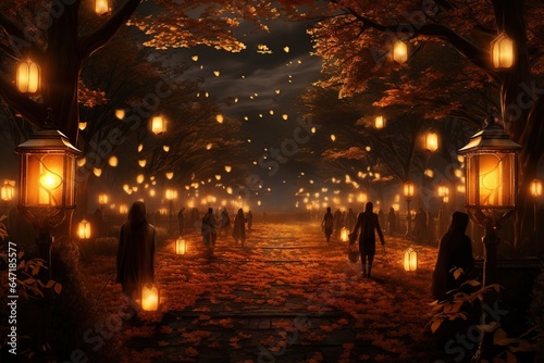 A procession of people holding candles and lanterns on a crisp autumn night  commemorating All Saints  Day  with golden leaves underfoot