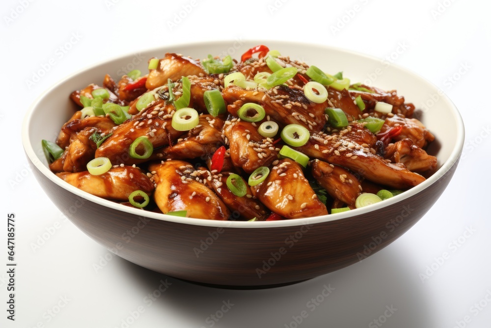 A white bowl filled with meat and vegetables. Fictional image. Kung Pao chicken dish. A white bowl filled with meat and vegetables. Fictional image. Kung Pao chicken dish.
