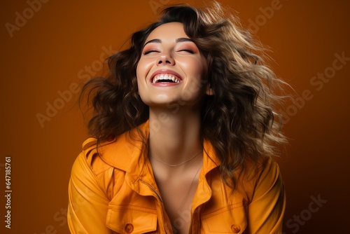 Person's carefree and carefree expression on an orange background, Generative AI