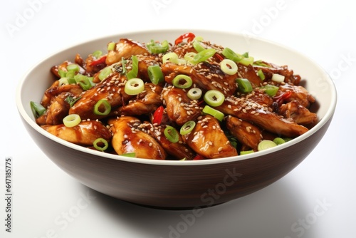 A white bowl filled with meat and vegetables. Fictional image. Kung Pao chicken dish.